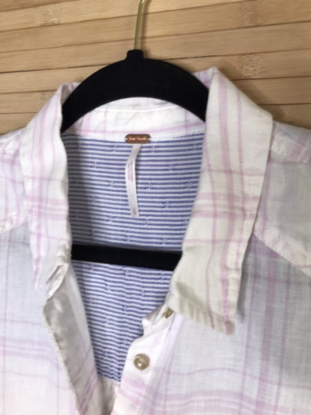 Free People Linen Plaid Button Down Blouse Small Pink White sz S - Picture 4 of 5